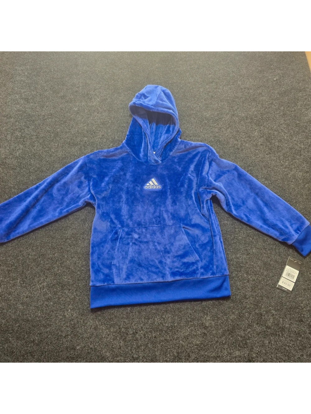 NWY Girls Adidas Sonic Ink Fuzzy Velour Hoodie Blue Logo Pullover M 10/12
